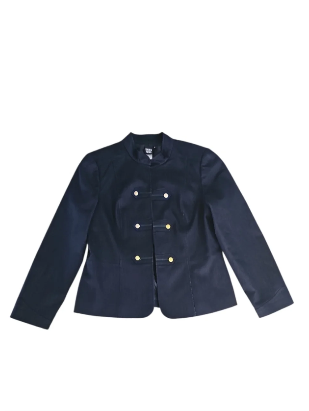 Sharon Young Dark Denim Stretch Military Jacket Gold Button Open Front Sz 12